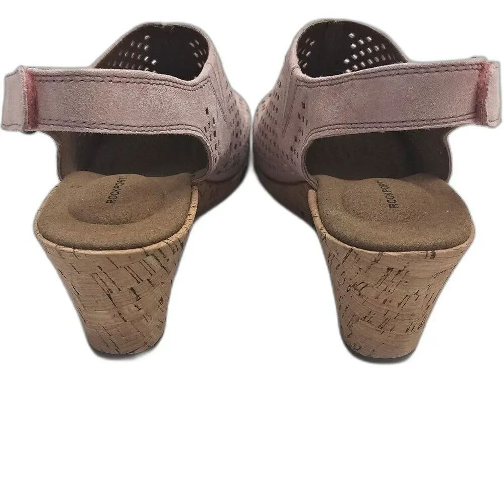 ROCKPORT Briah Perforated Slingback Cork Wedge Leather Sandal Pink Shimmer 9 NEW